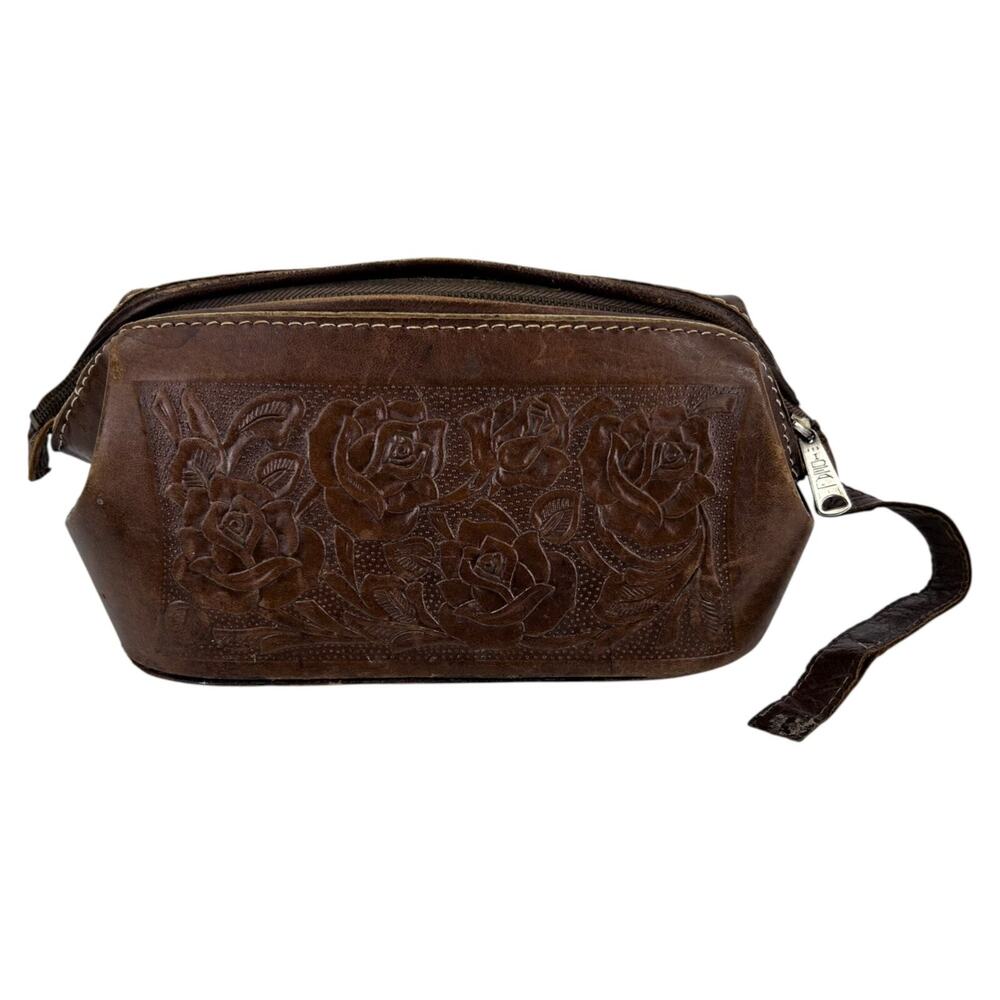 Vintage Dopp Bag/Toiletry Case Makeup Bag Hand Tooled Leather Roses Dragon Aztec